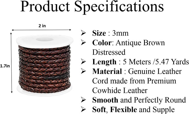 GENIQUE Real/Genuine Round Braided Leather Cord String Rope Folded, Leather Rope for Crafts, Jewelry Making, Necklace, Bracelets (5 Metres) (3mm, Antique Brown Distressed) - Image 3